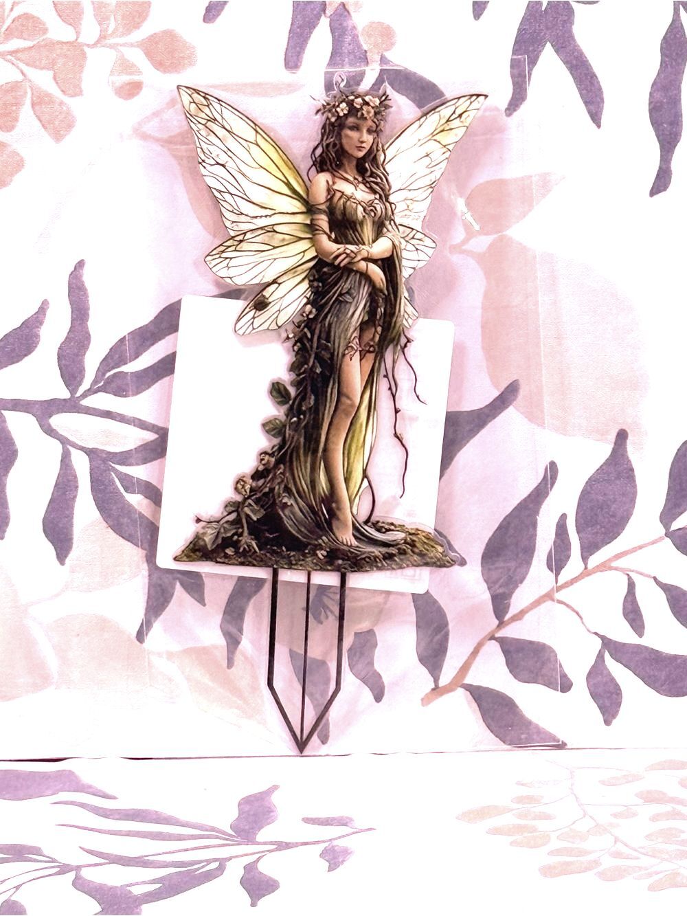 2D Flat Fairy Garden Stake Decorative Fairy Figurine - Green Wings NWT